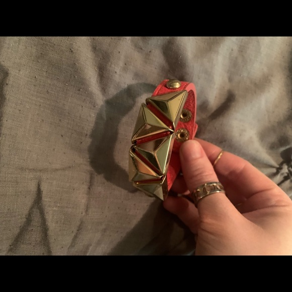 BCBG Leather Bracelet w/ Geometric Gold Hardware and Snap Closure - Picture 2 of 4